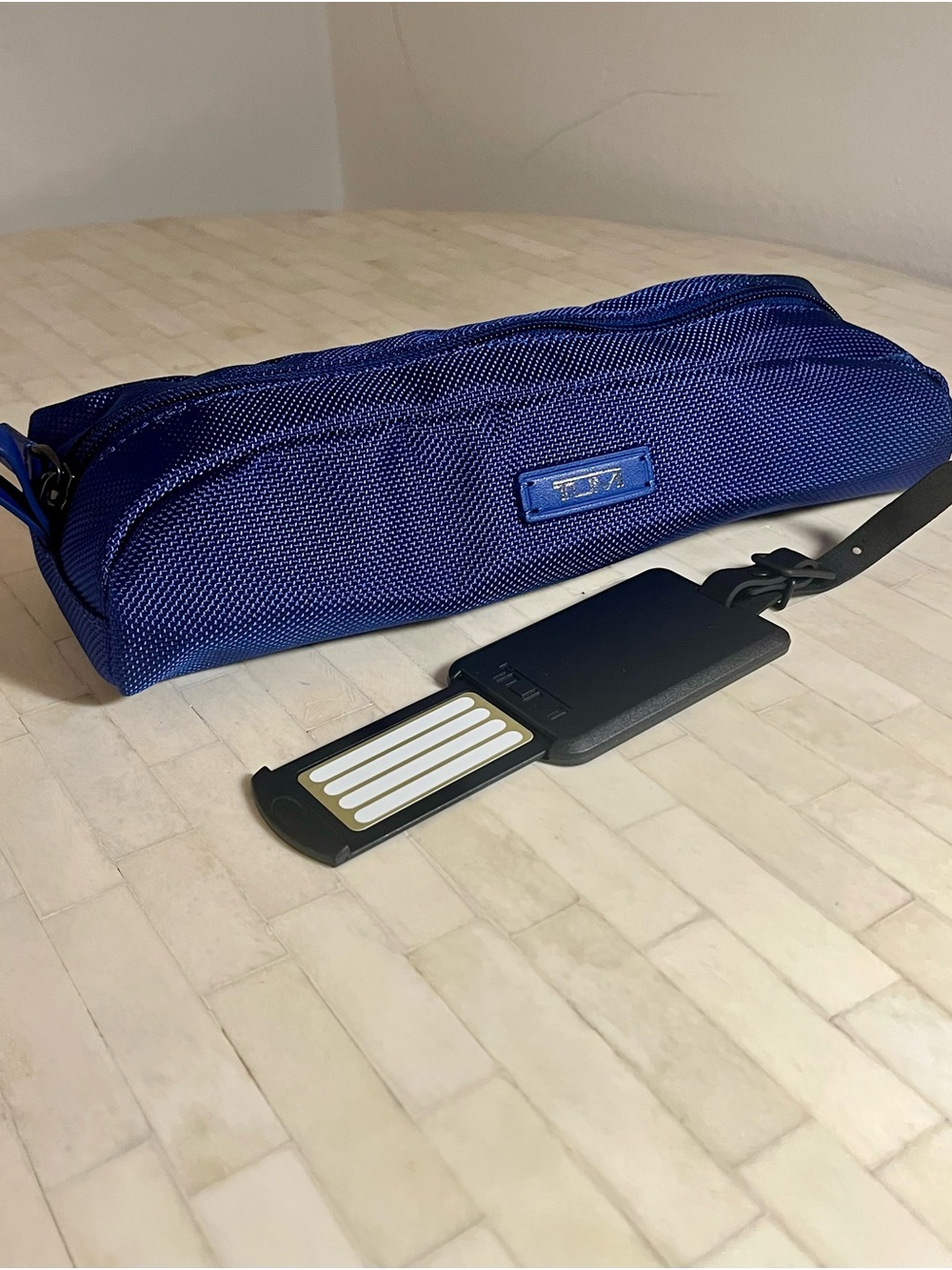 Tumi Blue Nylon Travel Pouch with Snap Luggage Tag